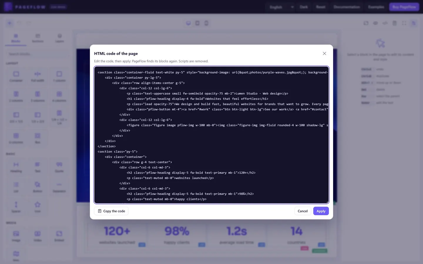 HTML code view of a page, with clean Bootstrap 5 markup
