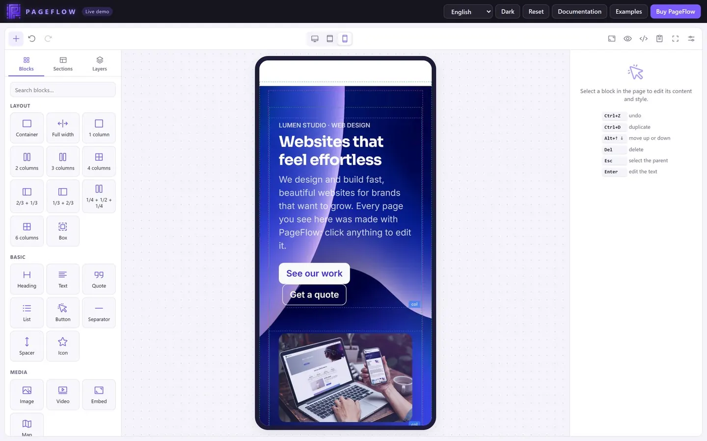 Phone preview of a page in PageFlow, with its columns stacked