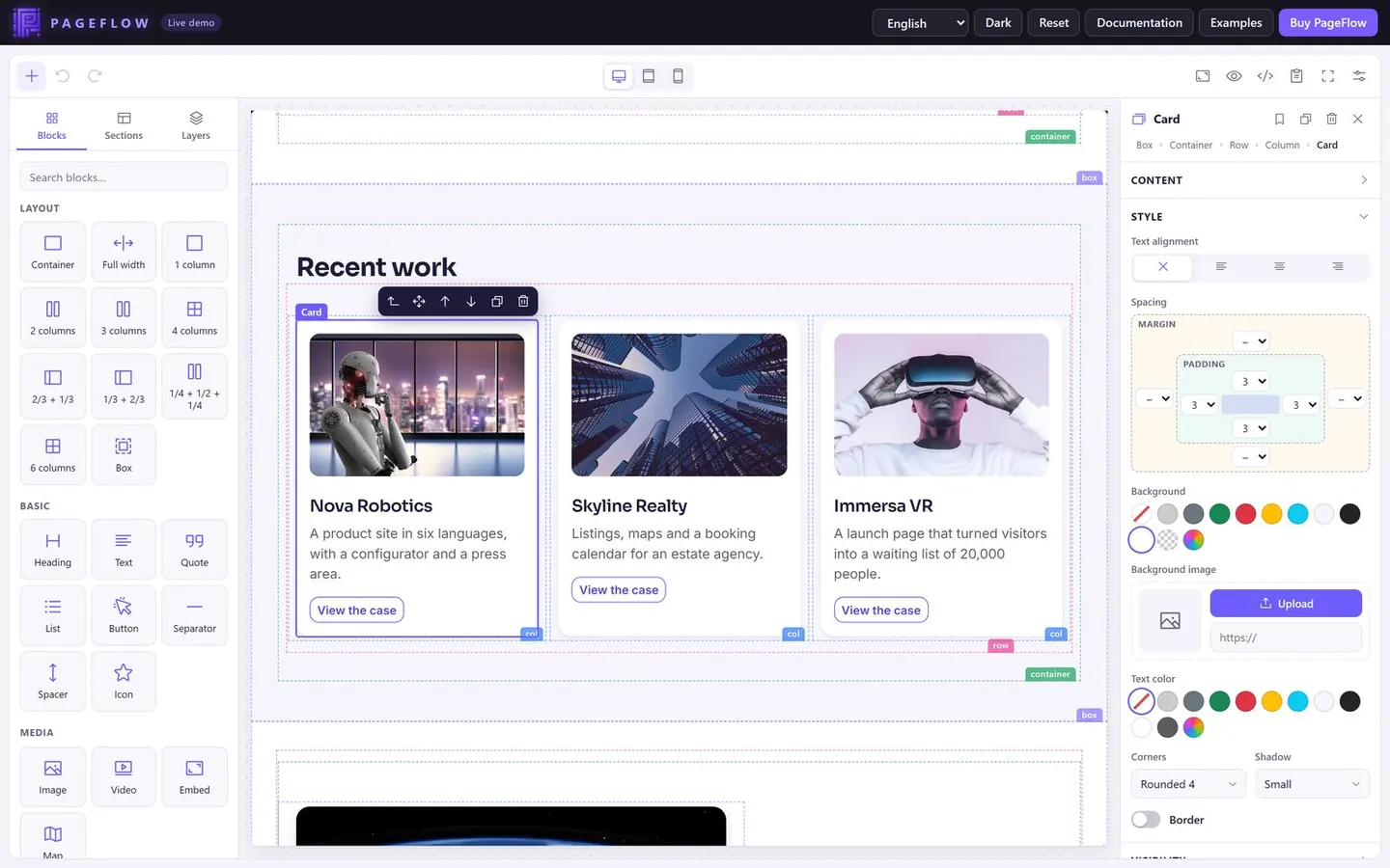 Style settings of a card: spacing, background, text colour, corners and shadow