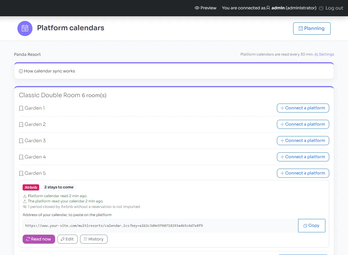 Airbnb calendar sync in the Panda Resort admin panel
