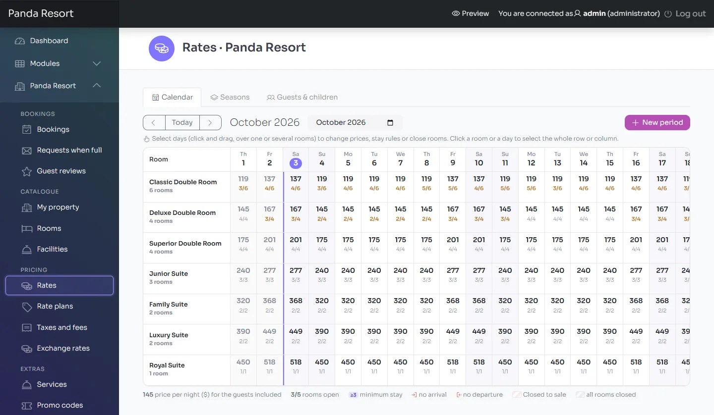 Rate calendar of the Panda Resort hotel booking script, in the admin panel