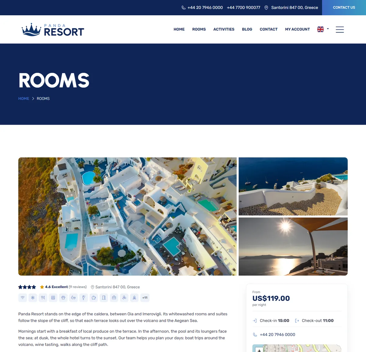 Hotel rooms page made with Panda Resort: gallery, rating, facilities and contact details