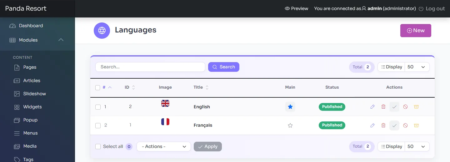 Panda Resort: languages in the administration