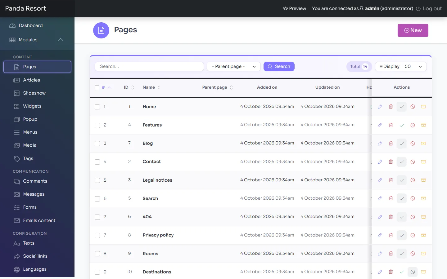 Panda Resort: pages, menus and blog in the administration