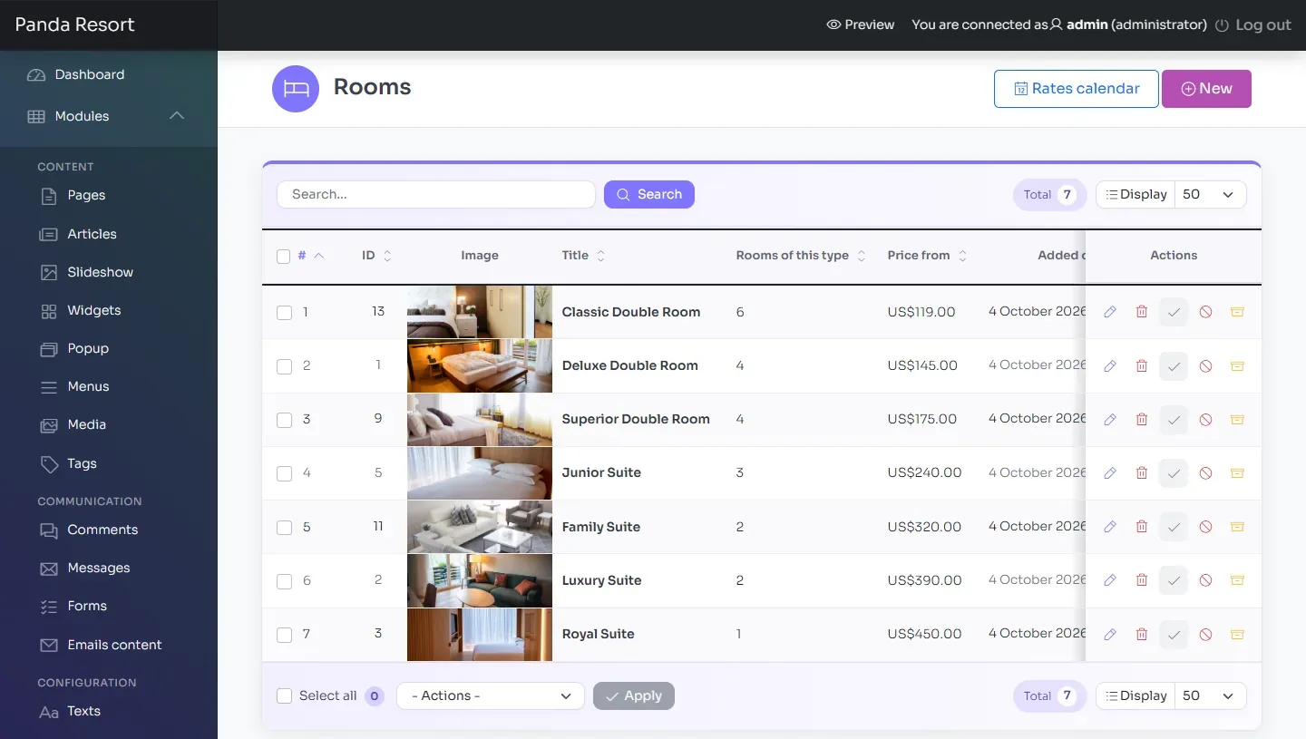Panda Resort: rooms and rates in the administration