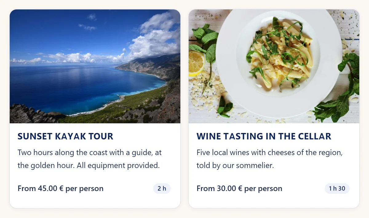 Activities on the demo: a sunset kayak tour and a wine tasting, with their prices per person
