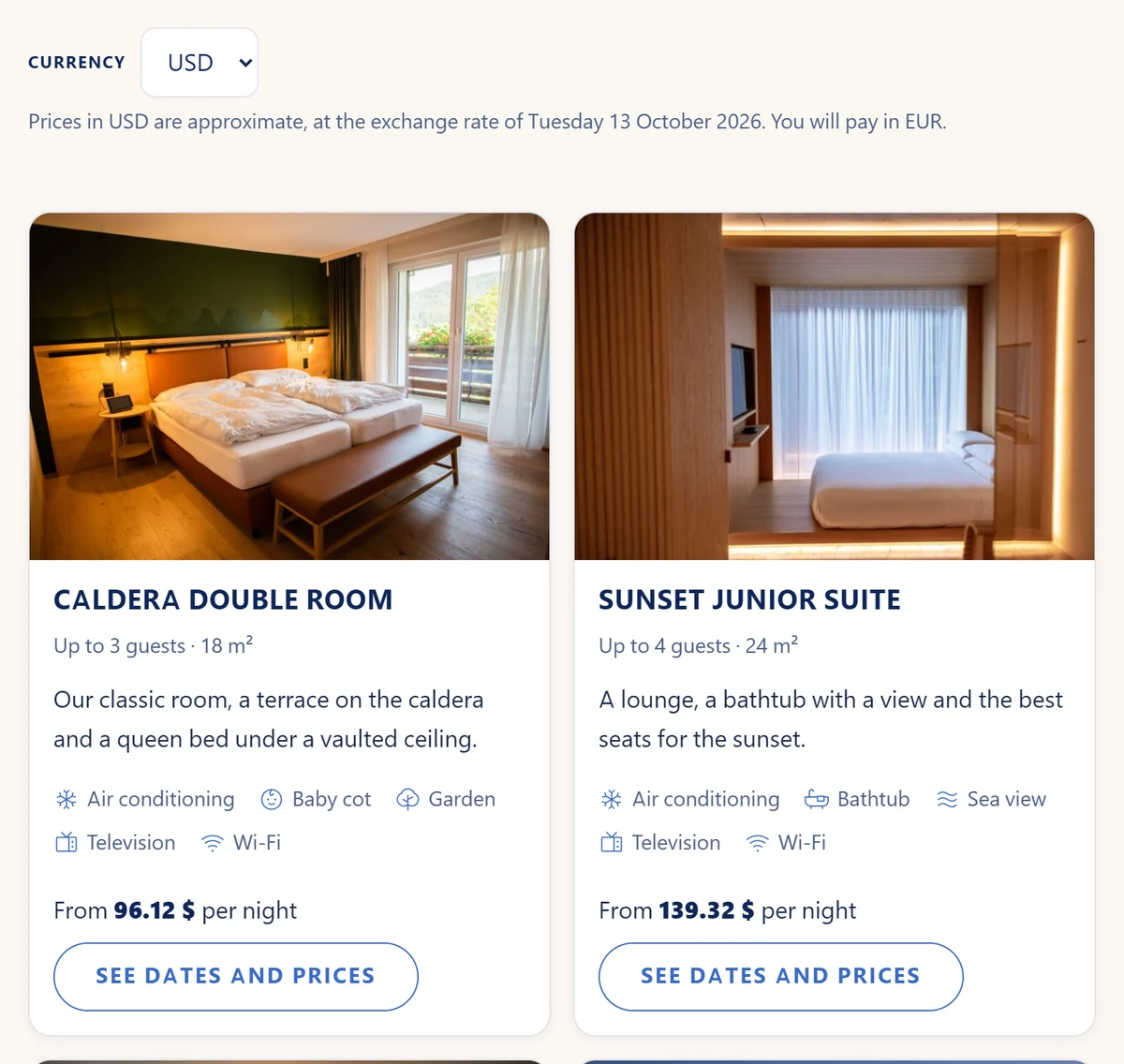 Rooms on the demo with prices shown in US dollars and a note that guests pay in euros