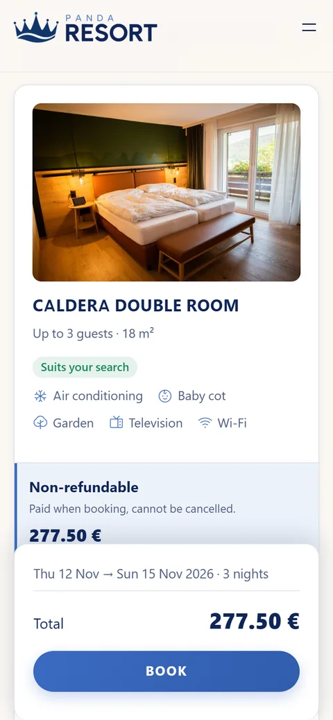 A room chosen on a phone, with the total and the Book button