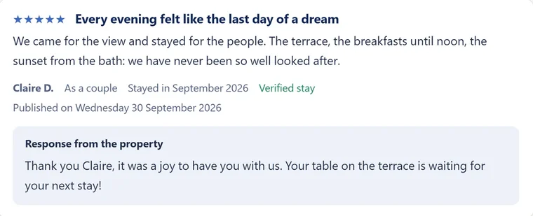 A verified guest review with the response of the property