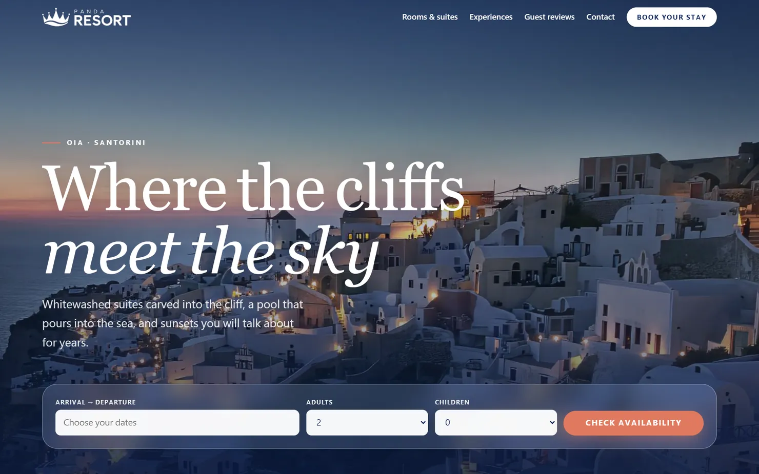 Home page of the demo hotel in Santorini, with its stay search