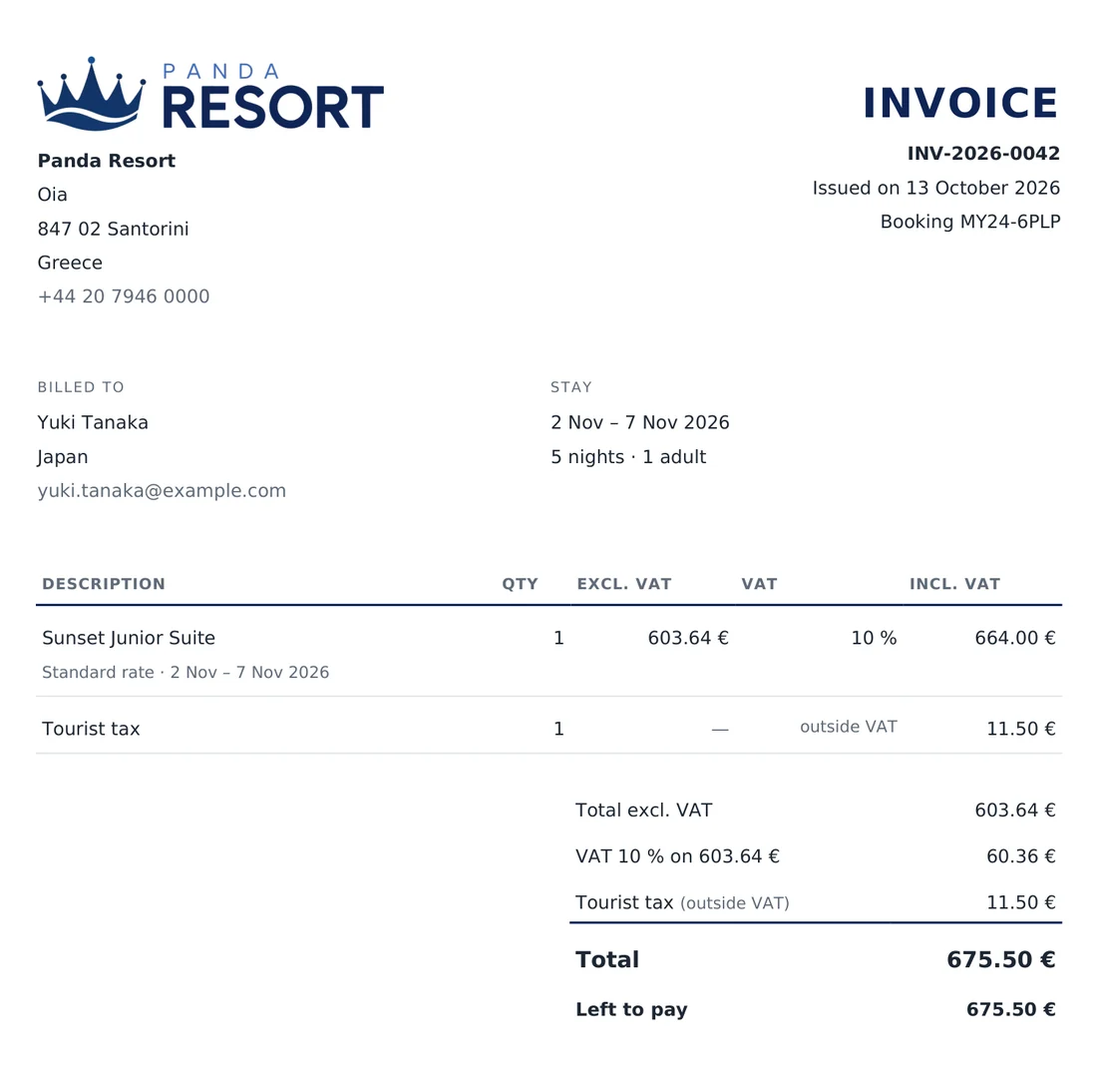 PDF invoice of a stay, with VAT by rate and the tourist tax