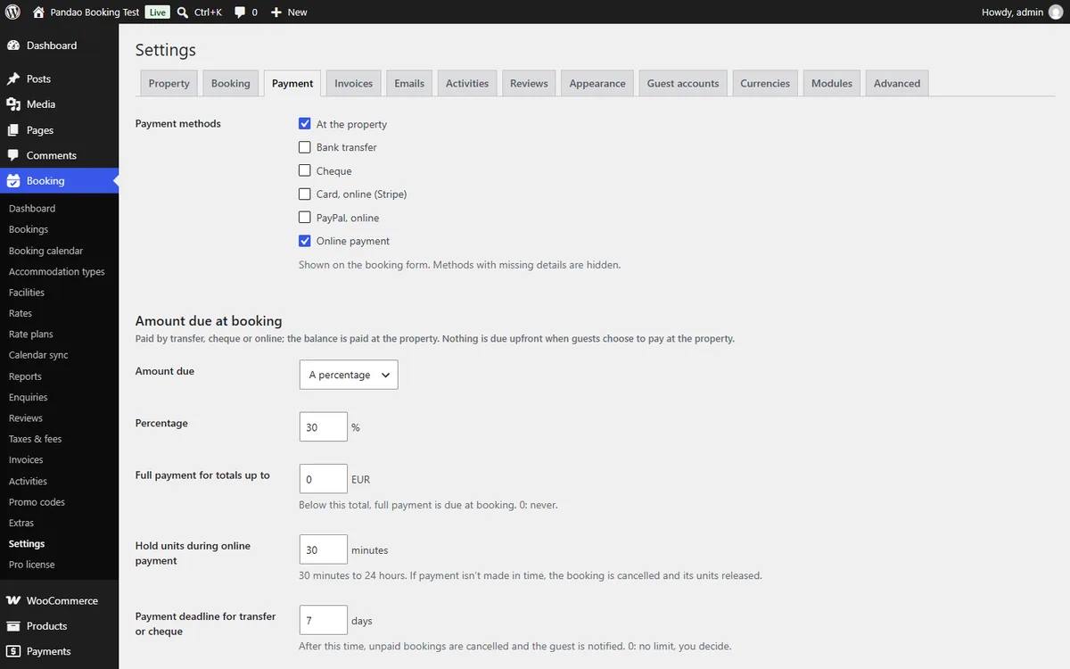 The Payment tab of the plugin settings with the Online payment with WooCommerce section: the method ticked and the name shown to guests
