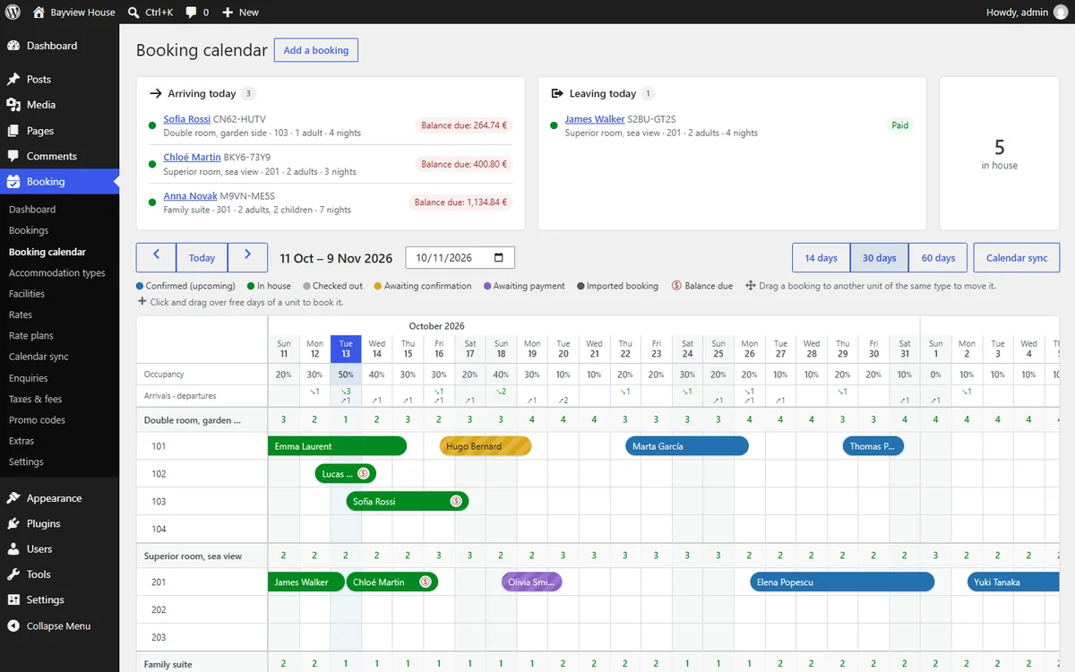 Drag-and-drop booking calendar: today's arrivals and departures, then every stay by room over a month