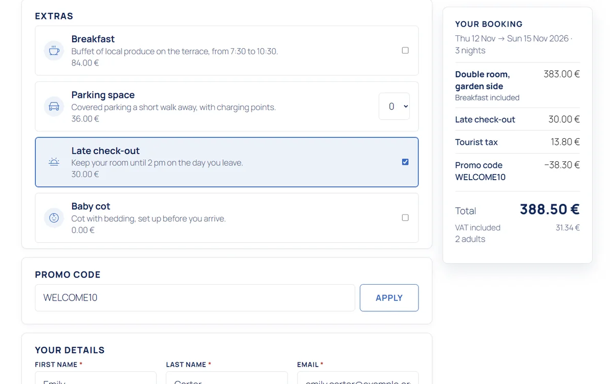 Booking form with extras, a promo code applied and the booking summary
