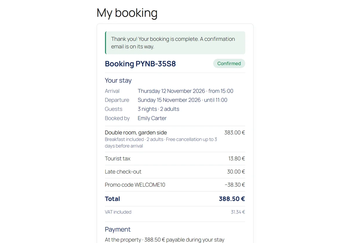 A guest's booking page: confirmation message, stay details, extras, promo code and total