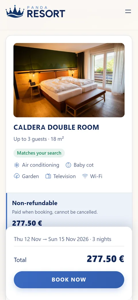 A room chosen on a phone, with the total and the Book now button