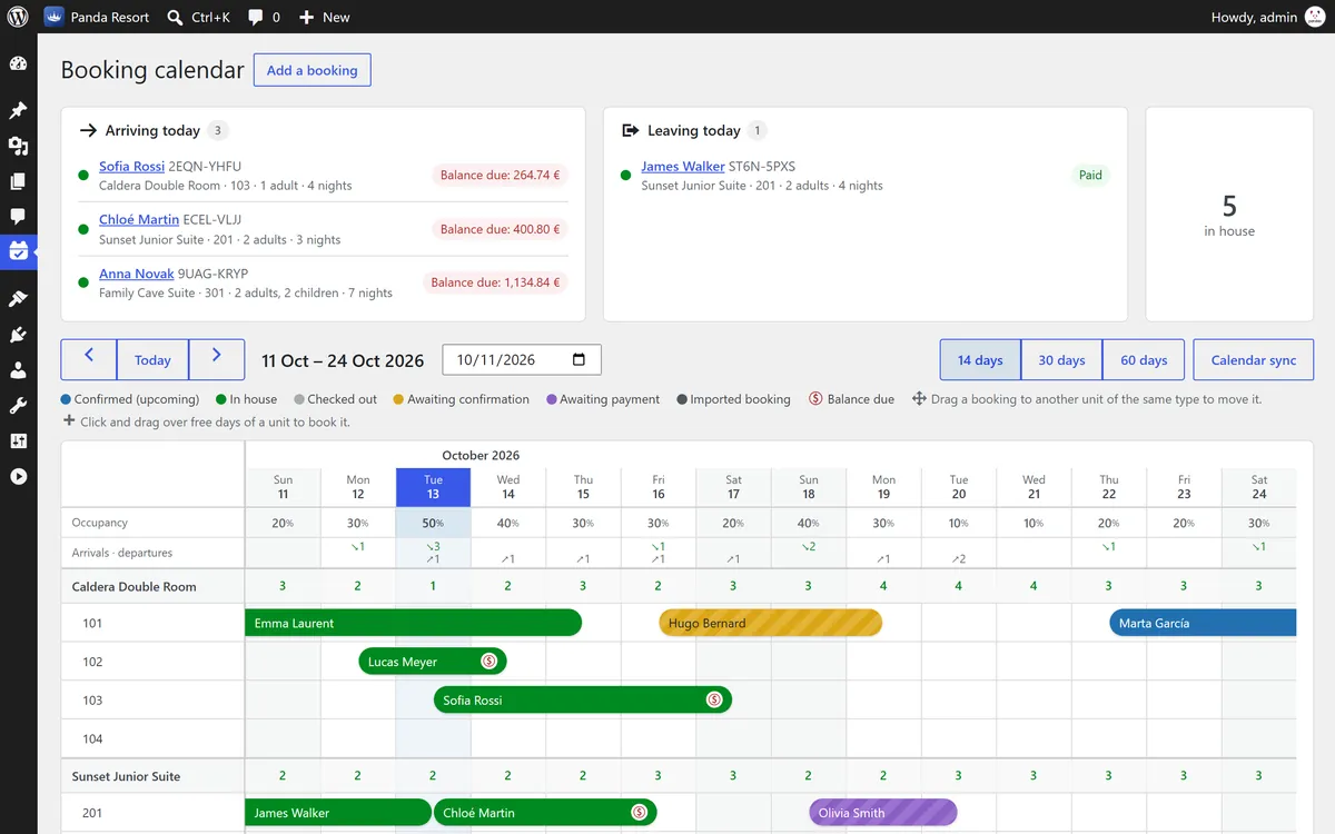 Booking calendar in the WordPress dashboard: arrivals, departures and every stay by room