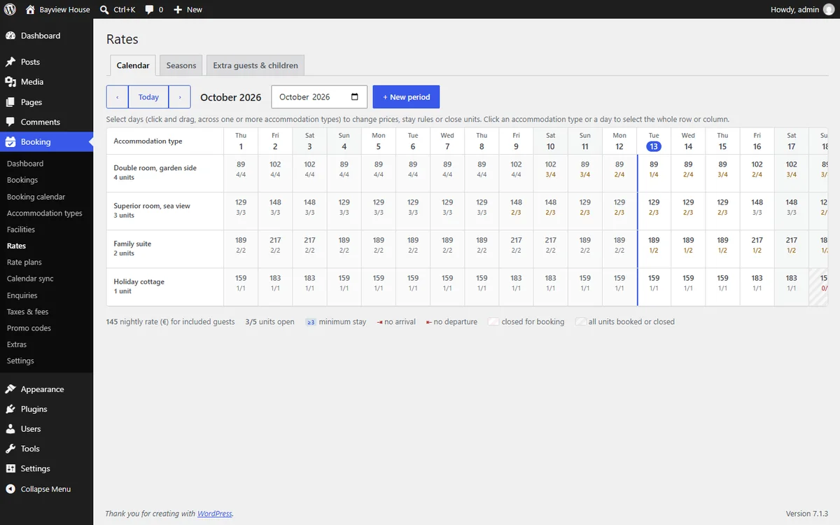 Rate calendar in the WordPress dashboard: nightly prices and units open for each accommodation type, day by day